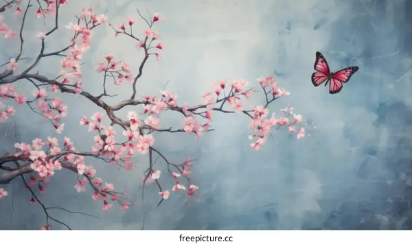 Pink butterfly and cherry blossom branch with pink flowers