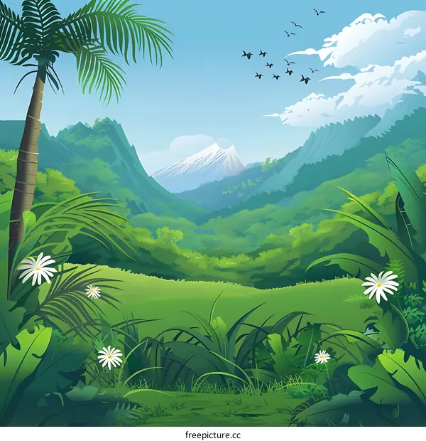 Green Mountain Landscape with Palm Trees and Flowers