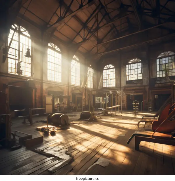 Inside an abandoned weightlifting gym with large windows