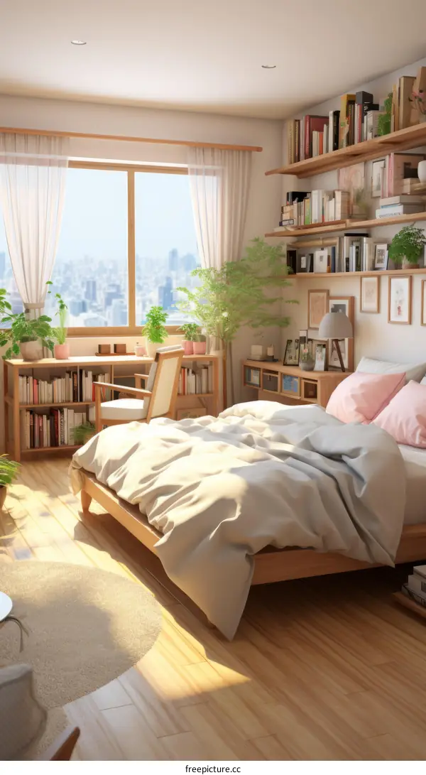 A cozy bedroom with a large window and a view of the city