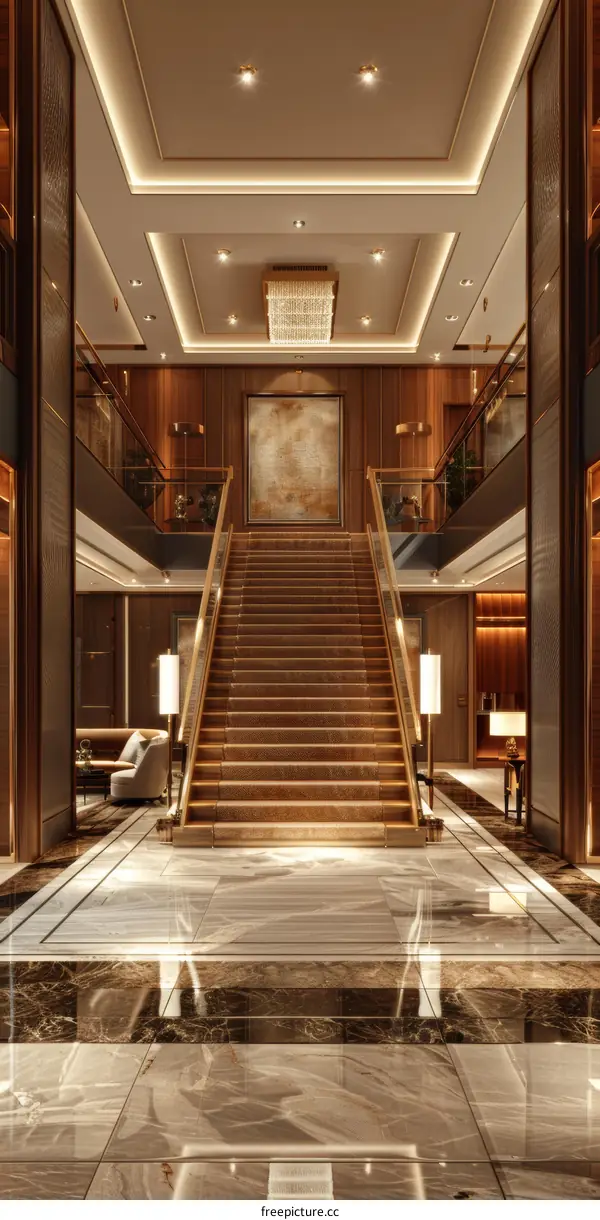 Modern Hotel Lobby Staircase with Marble and Glass