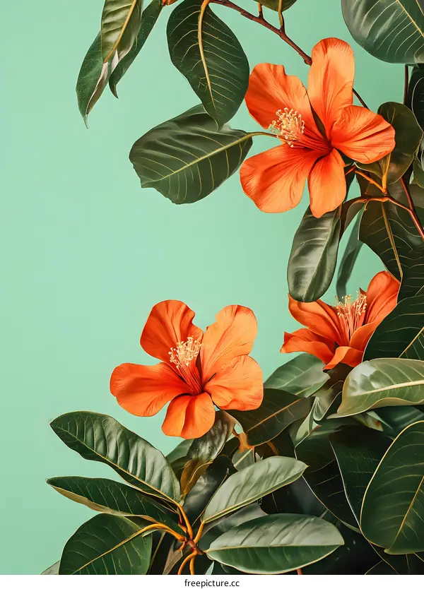 Tropical Flowers on Green Background