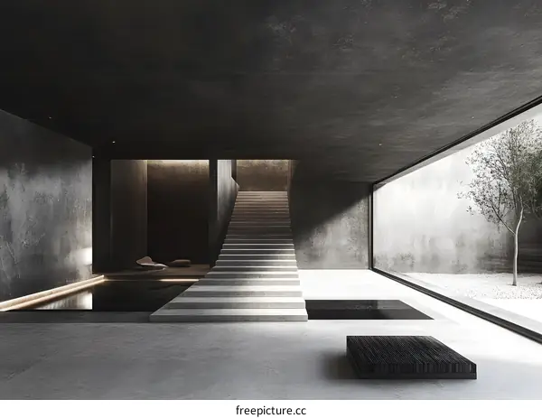 Minimalist Concrete Interior Design with Stairs and Pool