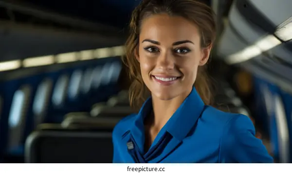 Portrait of a beautiful young woman in a blue uniform smiling
