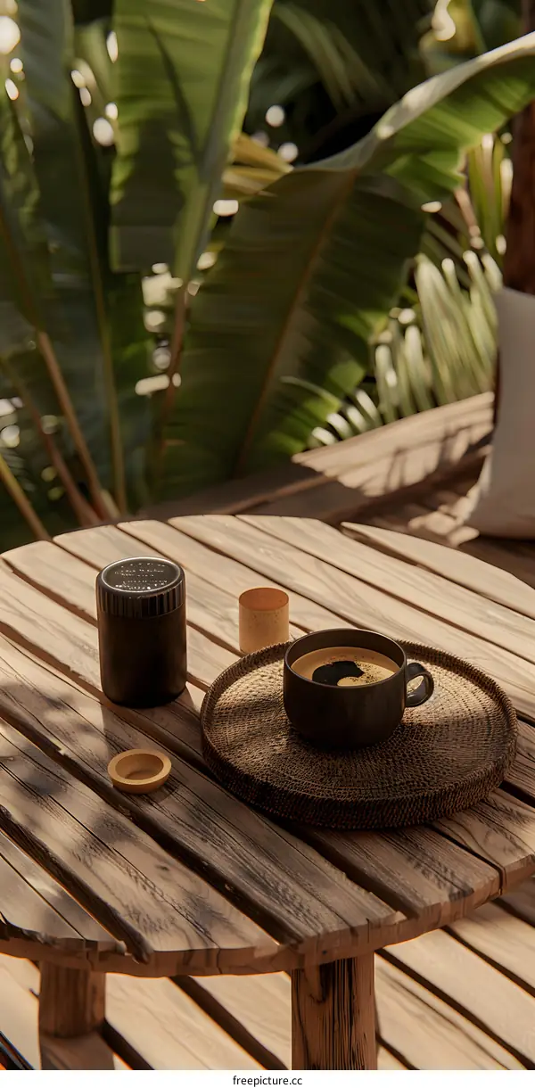Coffee on a Wooden Table With Palm Leaves in the Background