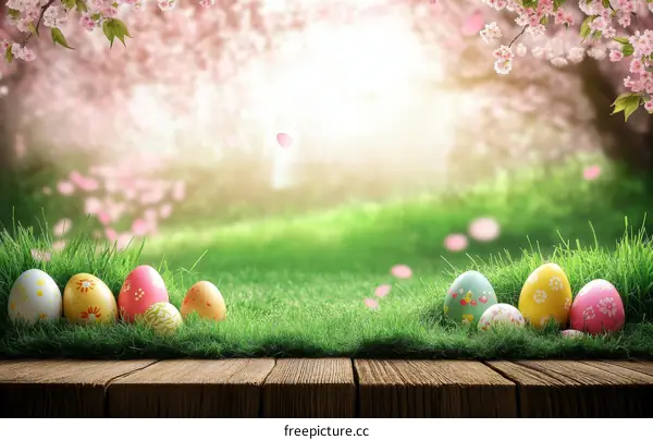 Easter Eggs on Grassy Meadow with Blooming Cherry Blossoms