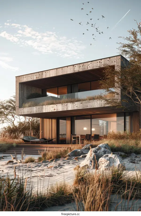 Modern Concrete Beach House with Large Glass Windows