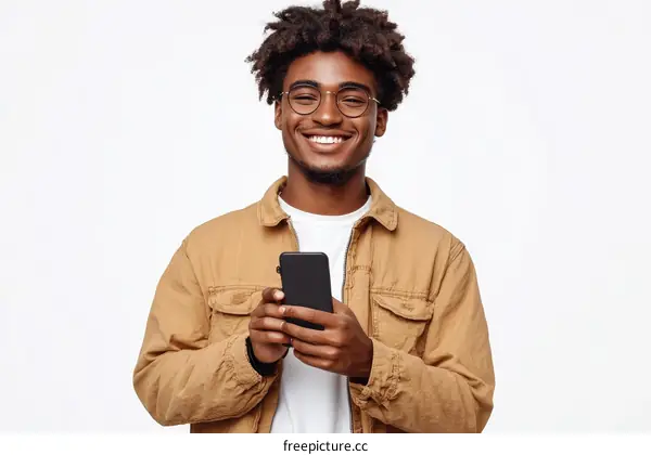 Happy Black Man Holding Smartphone