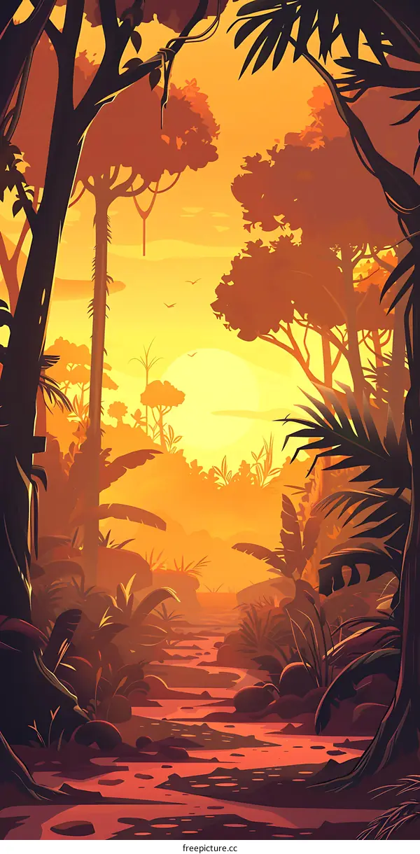 Sunset in the Jungle Landscape Illustration