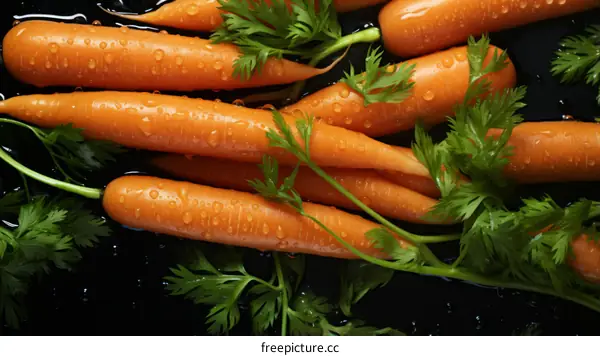 Close-up of orange carrots with green leaves on a black background