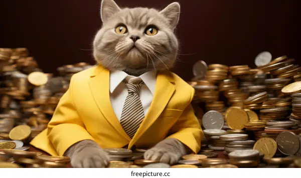 Wealthy Cat in Suit with Stacks of Coins
