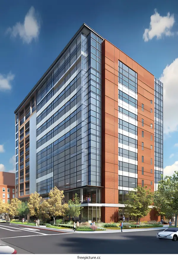 Modern Brick and Glass Building with Street View