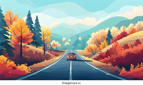 Autumn Road with Car Illustration