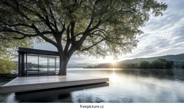 Lakeside Pavilion with a Large Tree