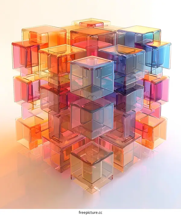 Colorful 3D illustration of stacked transparent cubes