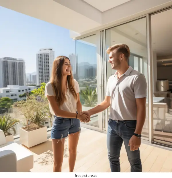 A man and a woman shaking hands in a modern apartment