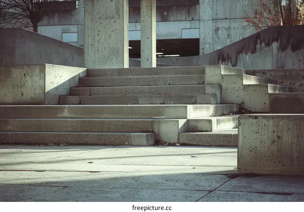 Gray concrete stairs and landings with concrete walls and pillars in the background