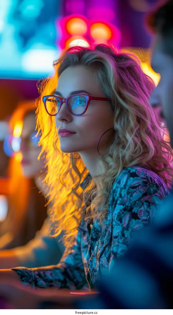 Portrait of a young blonde woman wearing glasses in front of colorful lights