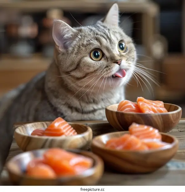Cat looking at salmon