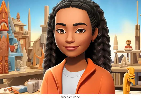 An illustration of a young woman standing in front of a wooden structure. She has long black hair, brown eyes, and is wearing an orange jacket.