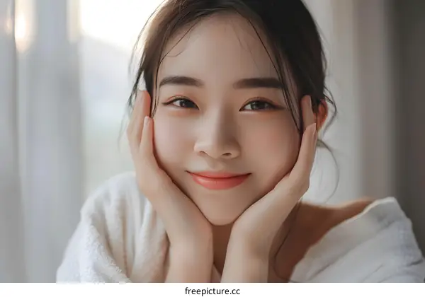 Smiling Asian Woman in a White Robe