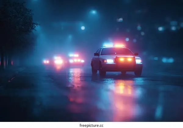 Night Police Car on Rainy Street