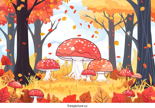 Autumn Forest With Red Mushrooms Illustration