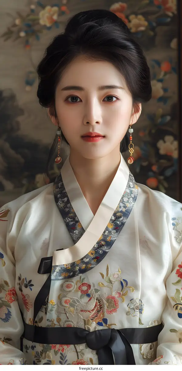 Portrait of a young woman in traditional Korean dress, or Hanbok