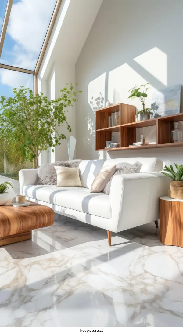 Bright living room interior design with white sofa and wooden coffee table
