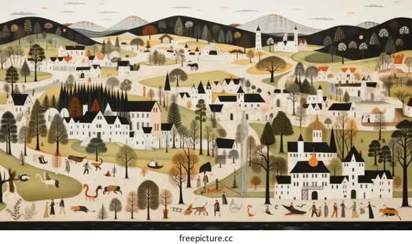 An illustration of a European village with people and animals