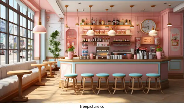 Illustration of a Pink and White Cafe Interior with Bar and Stools