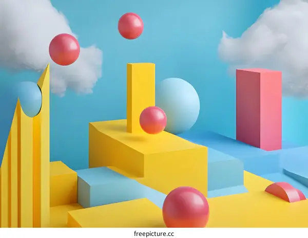 Abstract Geometric Shapes with Colorful Spheres on Blue Background