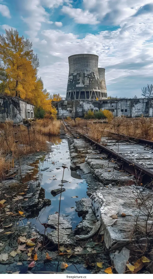An abandoned and overgrown railway track with a large cooling tower in the distance