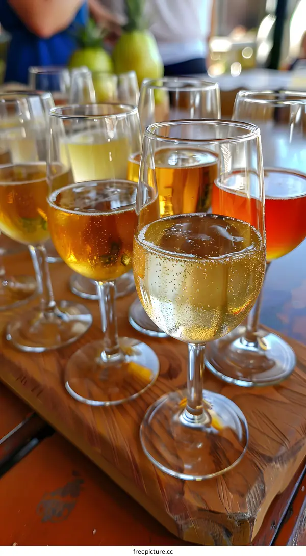 Close Up of Glasses Filled With Different Types of Beverages on a Wooden Board