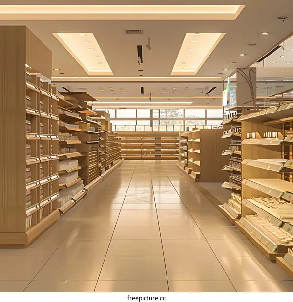 Empty Supermarket Aisle with Wooden Shelves