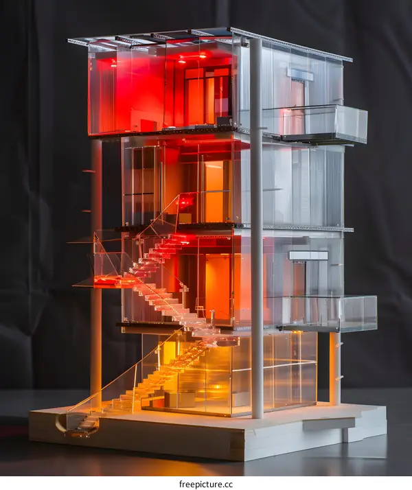 Glass Building Model with Red and Yellow Lights