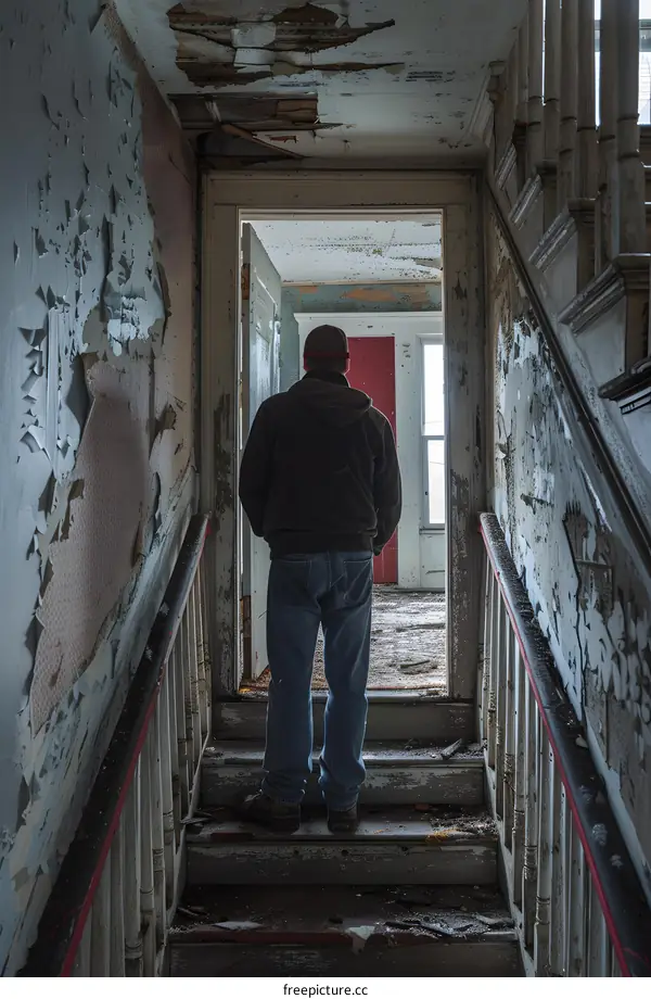 man standing in a hallway of an abandoned house
