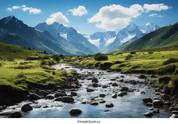 Mountain River Valley with Snowy Peaks