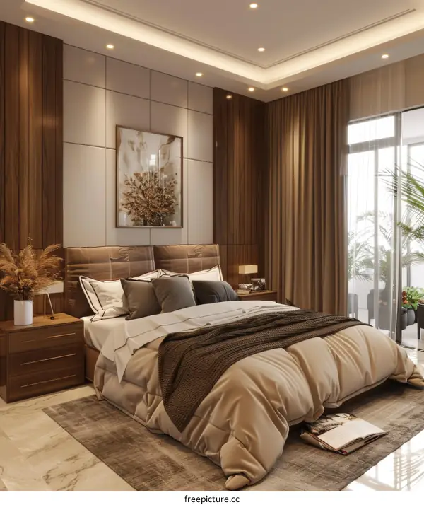 Modern bedroom interior design with beige accents