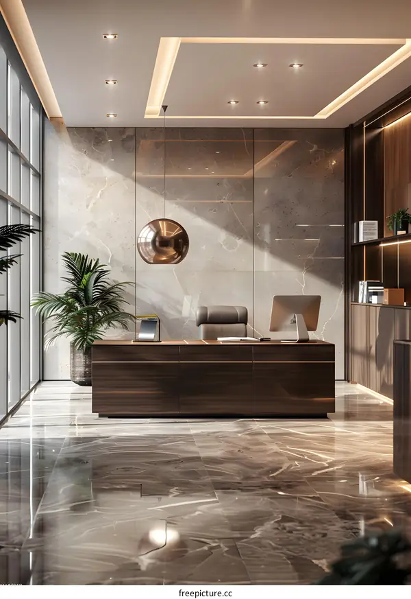 Modern office interior design with marble walls and wooden furniture