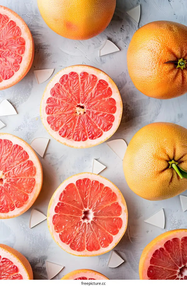 Freshly Cut Grapefruit Halves with White Pieces on Gray Background
