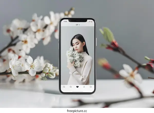 Woman Holding White Flowers on Phone Screen with Flower Branches in Background