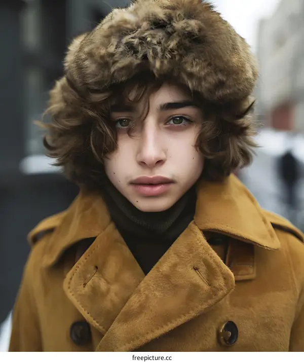 Man Wearing a Fur Hat and a Brown Coat