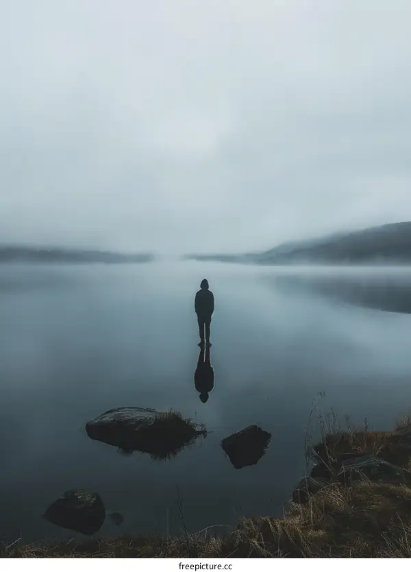Man standing alone in the middle of a lake on a foggy day