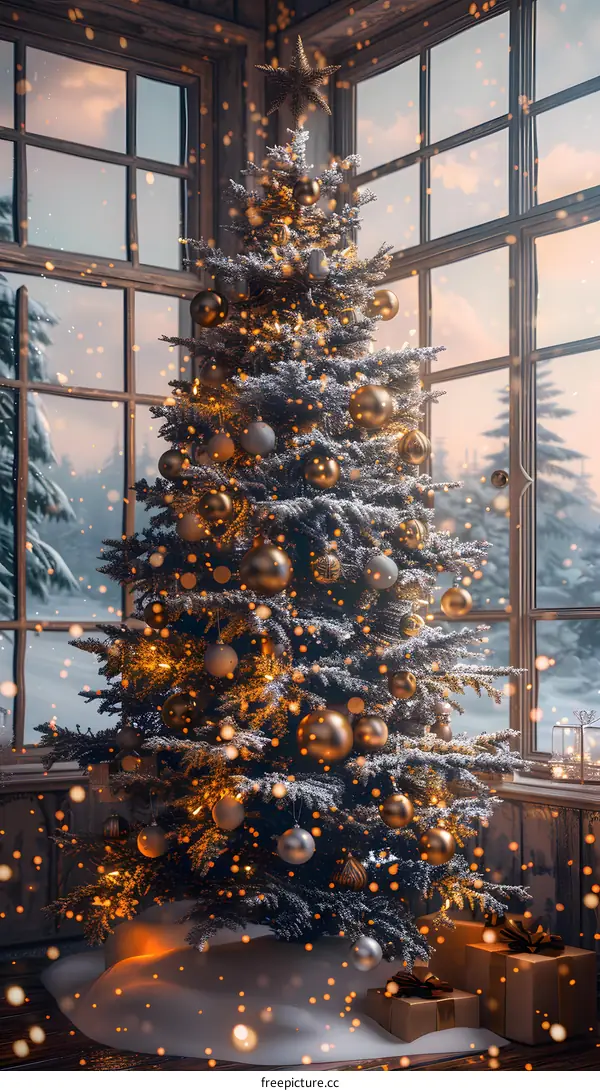 A beautifully decorated Christmas tree stands in a living room. There are presents under the tree and snow is falling outside the windows.