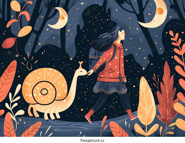 Girl Walking in a Forest with a Snail at Night
