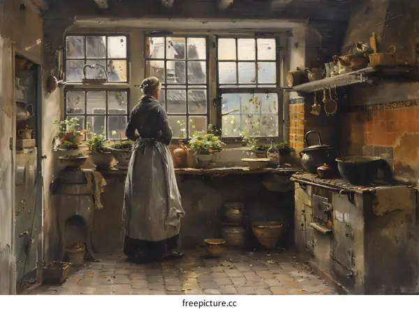 A woman standing in a kitchen looking out the window