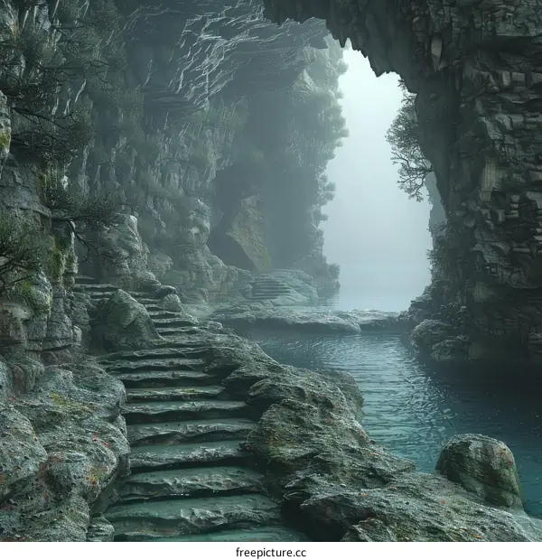 Mystical Cave Entrance with Stairway to Glowing Lake