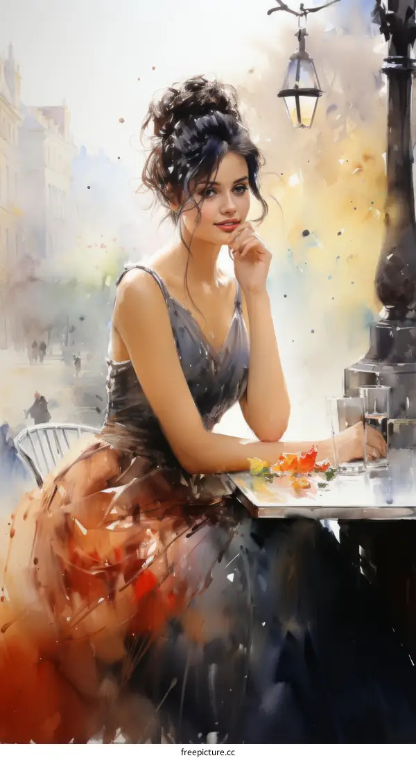 Elegant Lady in Gray Dress Sits at Cafe Table Outdoors