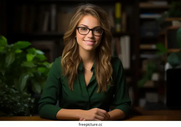 Portrait of a young woman wearing glasses and a green shirt